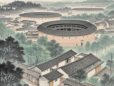  梅州客家围龙屋餐饮背景壁纸 