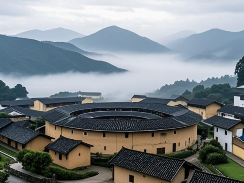  梅州客家围龙屋餐饮背景壁纸 