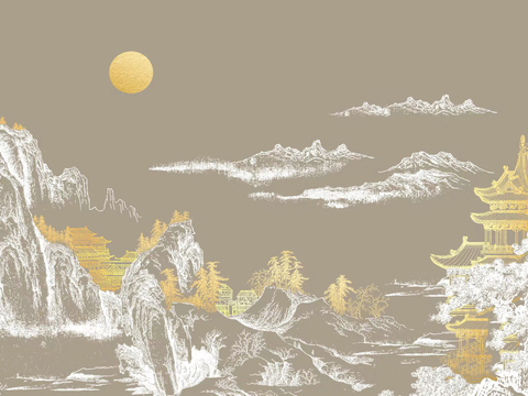  暖色中式鎏金山水壁画壁纸硬包贴图 