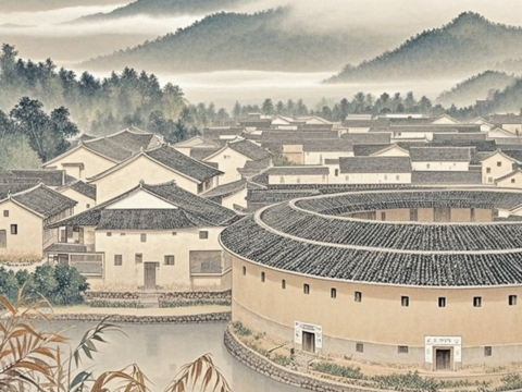  梅州客家围龙屋餐饮背景壁纸 