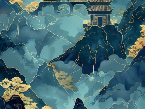  高清新款大美国风国潮元素中式美学壁画壁纸背景 