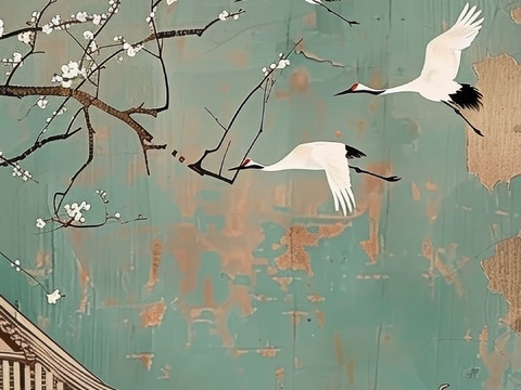  高清新款大美国风国潮元素中式美学壁画壁纸背景 