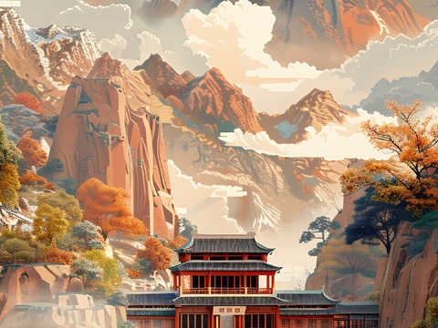  高清新款大美国风国潮元素中式美学壁画壁纸背景 