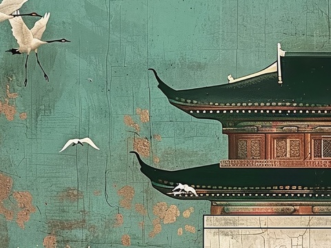  高清新款大美国风国潮元素中式美学壁画壁纸背景 