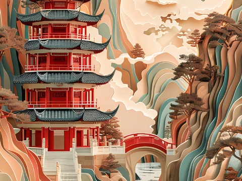  高清新款大美国风国潮元素中式美学壁画壁纸背景 