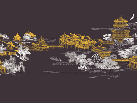  高清新中式楼阁线条肌理背景 