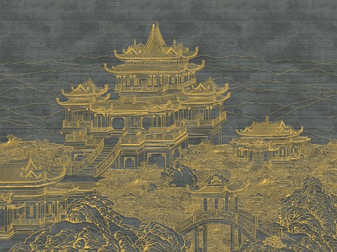  高清新中式楼阁线条肌理背景 