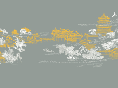  高清新中式楼阁线条肌理背景 