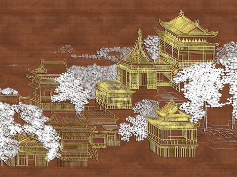  高清新中式楼阁线条肌理背景 