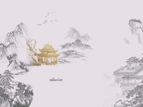  高清新中式楼阁线条肌理背景 