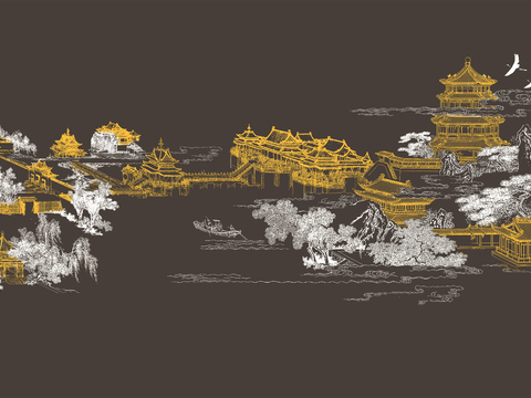  高清新中式楼阁线条肌理背景 