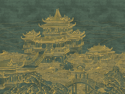  高清新中式楼阁线条肌理背景 