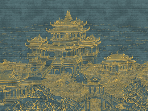  高清新中式楼阁线条肌理背景 