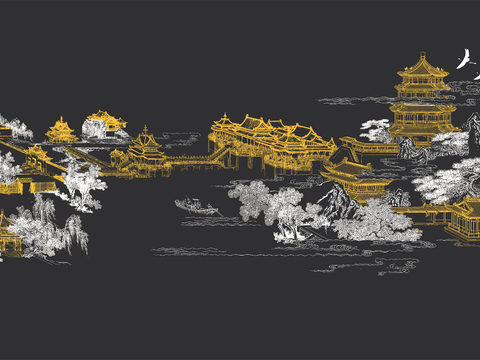  高清新中式楼阁线条肌理背景 