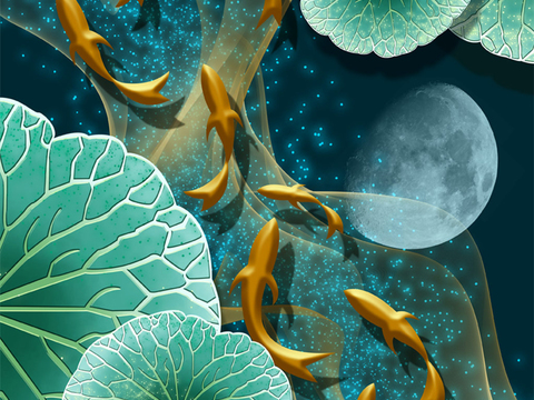  中式新中式荷花水彩装饰画 