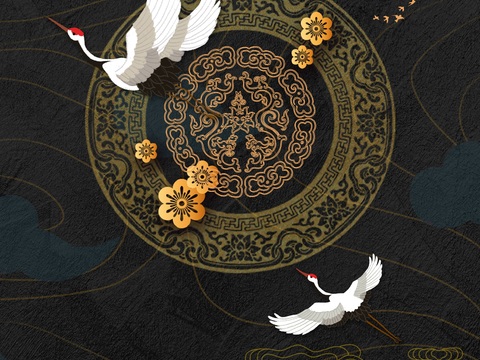  中式新中式仙鹤壁纸壁画 