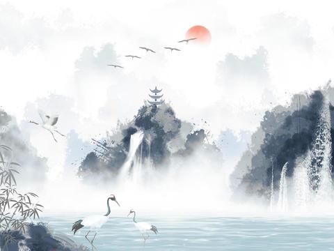  中式水墨山水壁画 