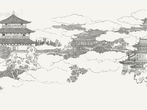  古建筑白描壁布裝飾畫手繪壁紙 