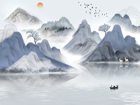  新中式山水壁画贴图 