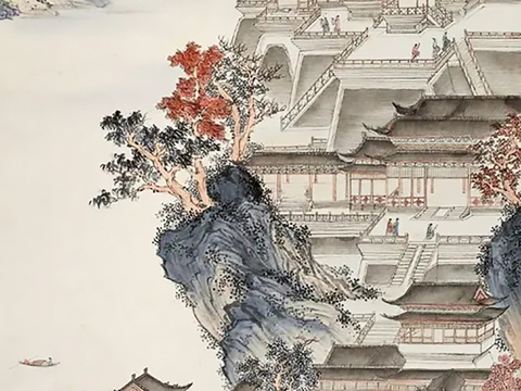  新中式山水建筑壁紙壁布貼圖 
