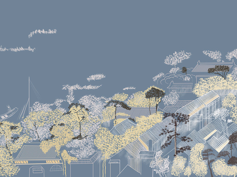  新中式山水線描壁畫貼圖 