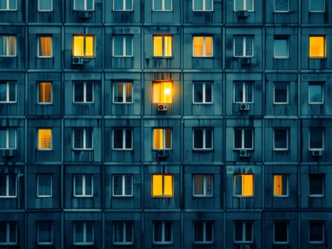  夜晚窗景建筑外立面玻璃幕墙 