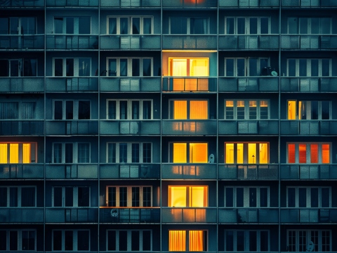  夜晚窗景建筑外立面玻璃幕墙 