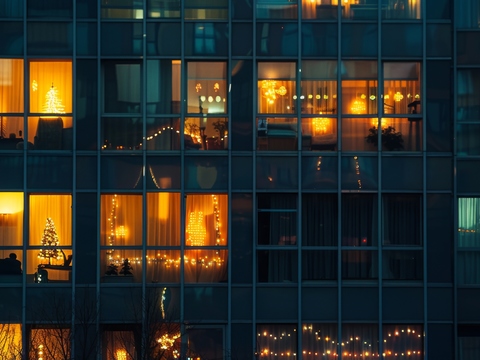  夜晚窗景建筑外立面玻璃幕墙 