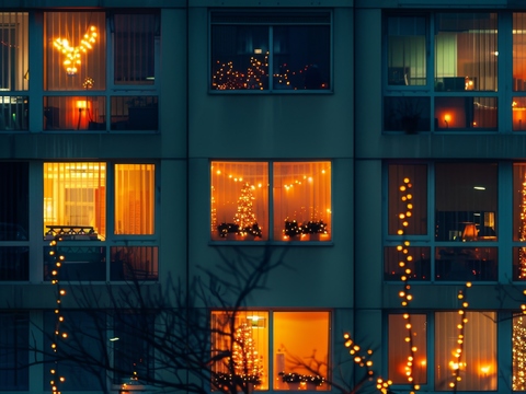  夜晚窗景建筑外立面玻璃幕墙 