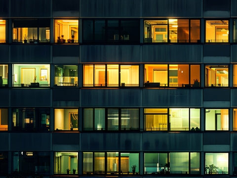  夜晚窗景建筑外立面玻璃幕墙 