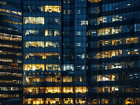  夜晚窗景建筑外立面玻璃幕墙 