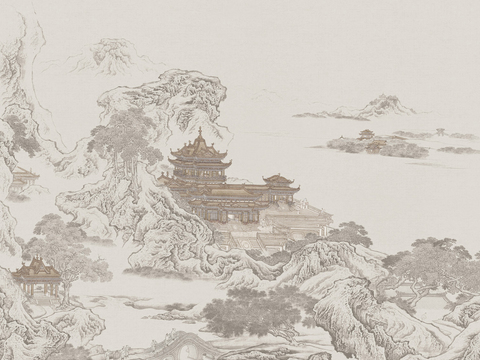  新中式高清背景墙壁画_亭台楼阁贴图 