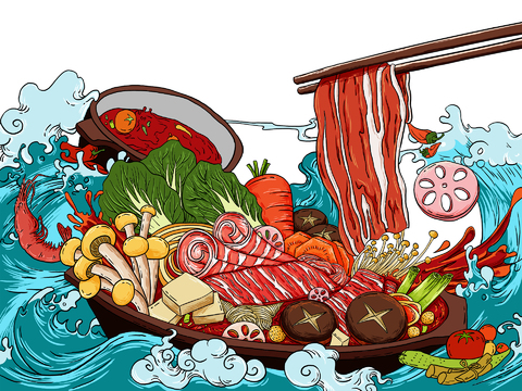  国潮祥云山水餐饮美食贴图 