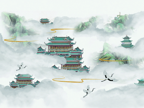  新中式仙境装饰壁画贴图 