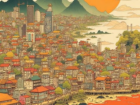  装饰画，城市风景，插画 