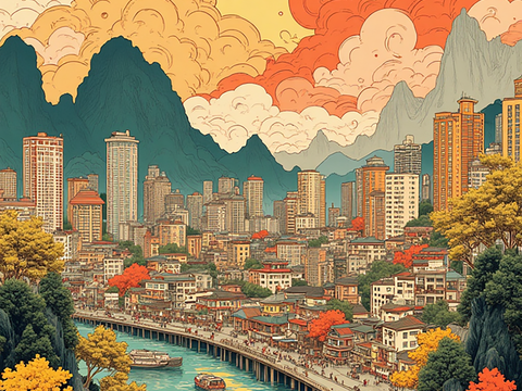  装饰画，城市风景，插画 