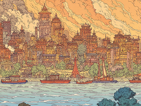  装饰画，城市风景，插画 