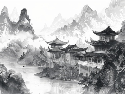  新中式亭台楼阁线条建筑壁画 