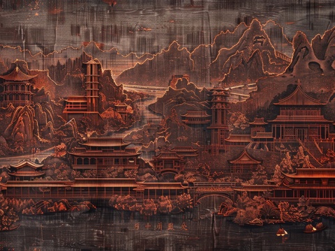  新中式亭台楼阁线条建筑壁画 