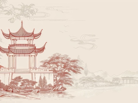  新中式亭台楼阁线条建筑壁画 