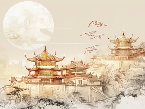  新中式亭台楼阁线条建筑壁画 