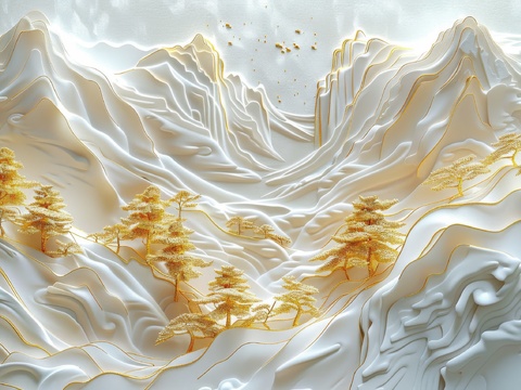  新中式亭台楼阁线条建筑壁画 