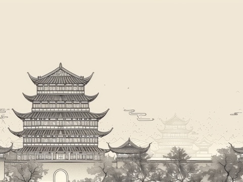  新中式亭台楼阁线条建筑壁画 