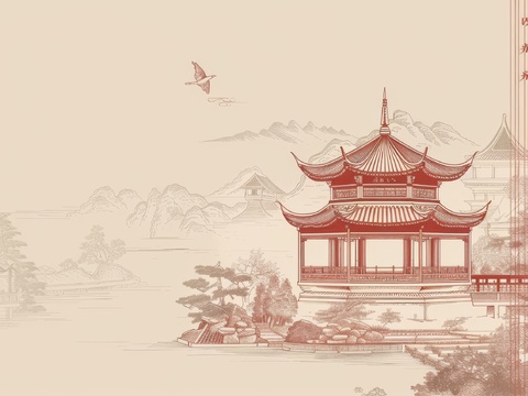  新中式亭台楼阁线条建筑壁画 