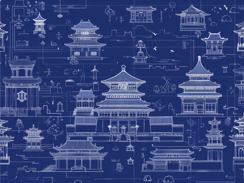  新中式亭台楼阁线条建筑壁画 