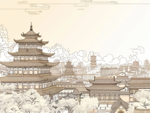  新中式亭台楼阁线条建筑壁画 