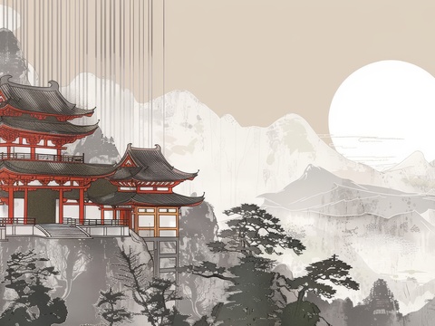  新中式亭台楼阁线条建筑壁画 