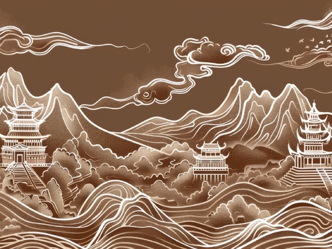  新中式亭台楼阁线条建筑壁画 