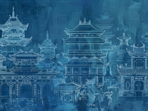  新中式亭台楼阁线条建筑壁画 