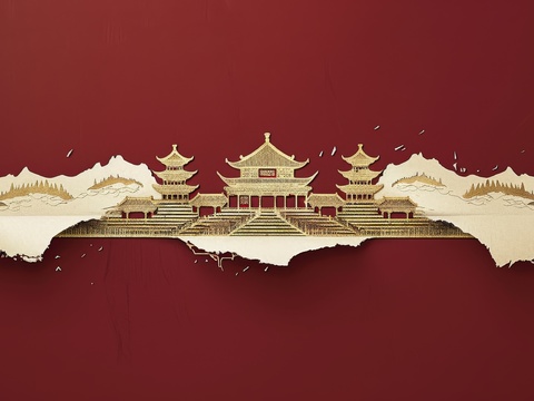  新中式亭台楼阁线条建筑壁画 